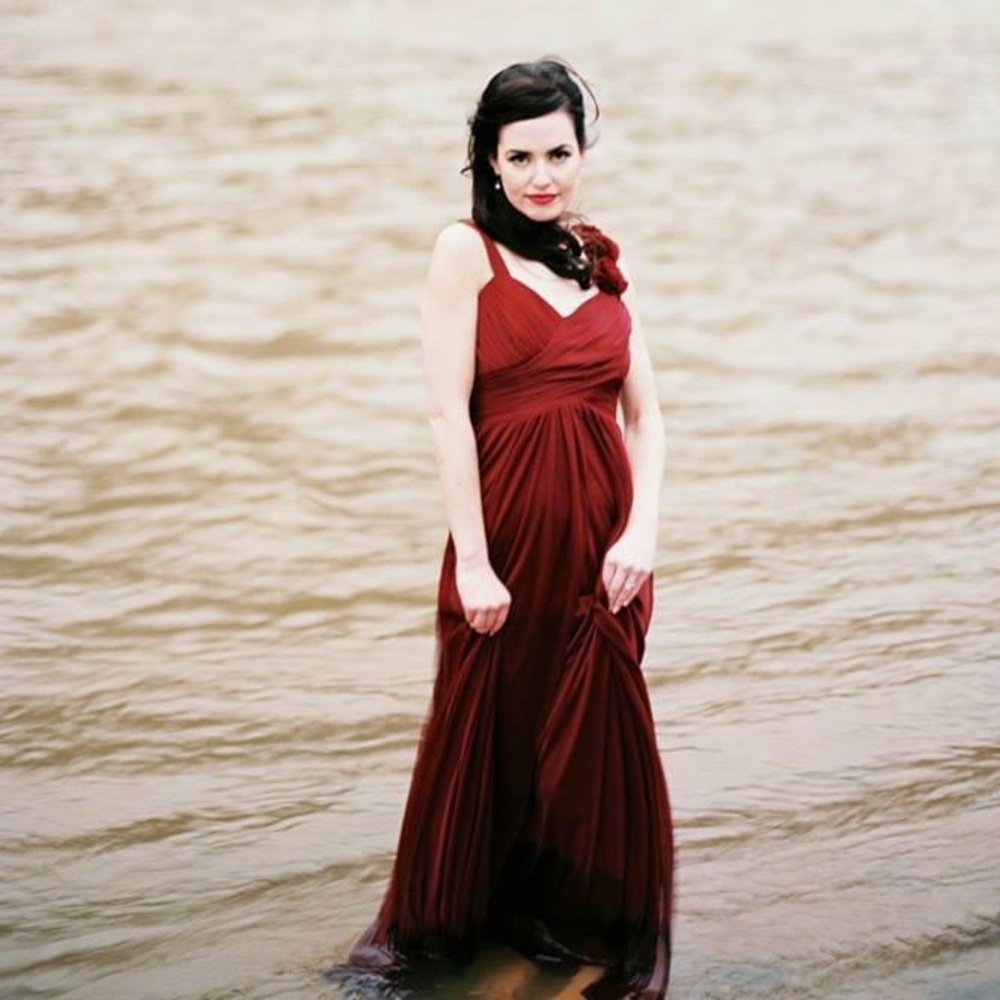 Empire Waist Gown with Ruched Bust, Flowing Train